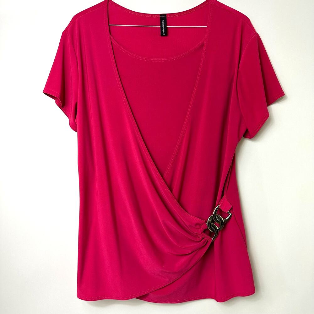Jason Maxwell Faux Wrap Short Sleeve Top Fuschia Pink Large